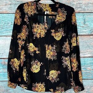 Bellatrix‎ Floral Blouse S Semi Sheer Top Button Up Quilted Silky Long Sleeves